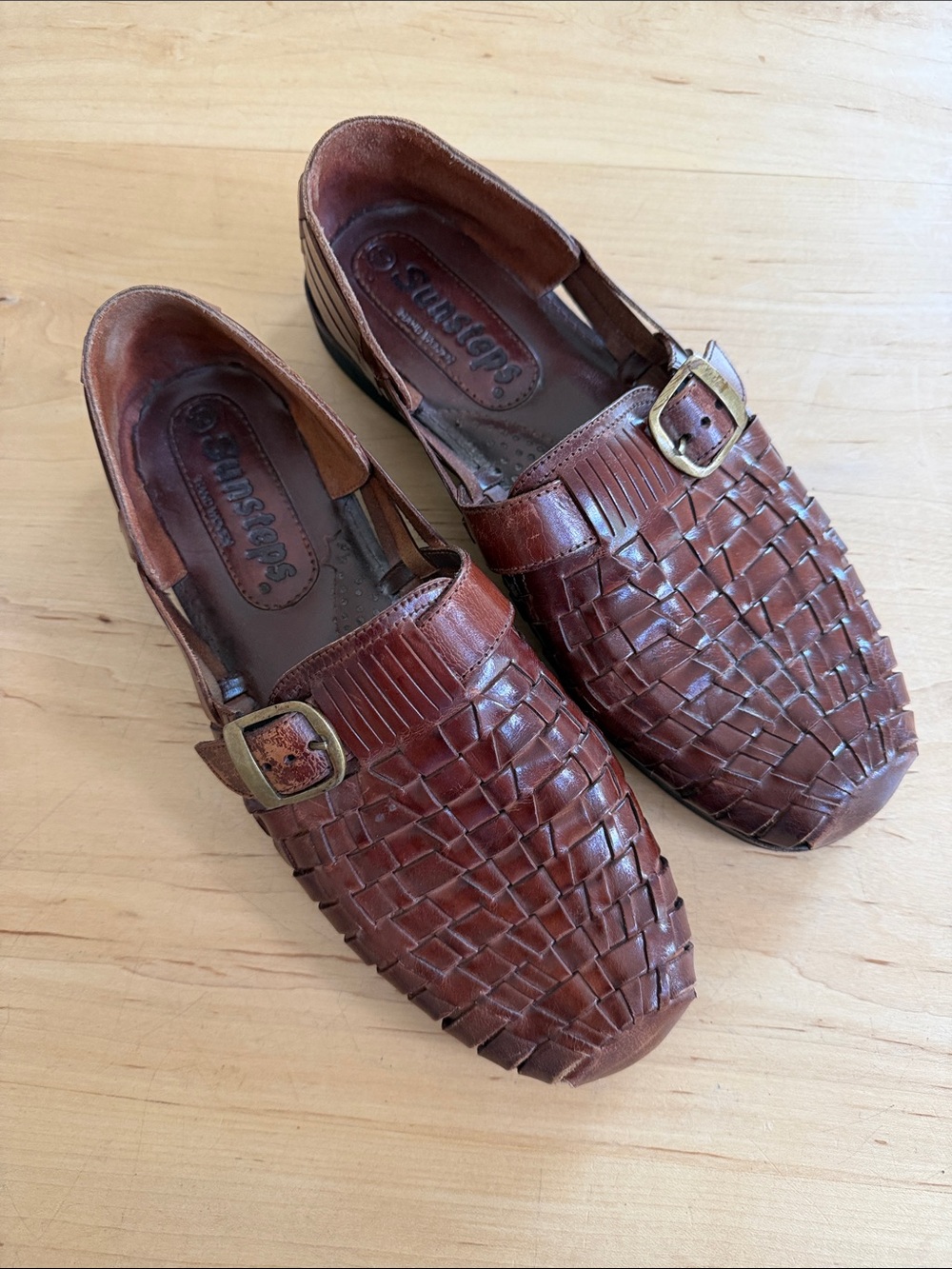 Men's Woven Leather Slip-On Loafers with Buckle - Brown